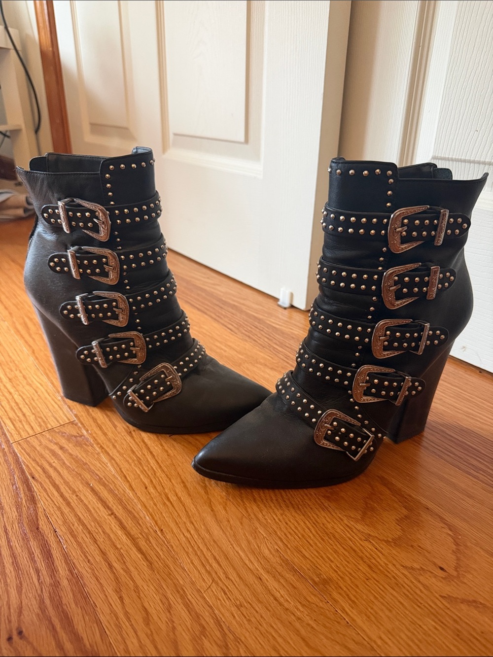 Steve Madden Studded Buckle Pointed-Toe Ankle Boots - Black